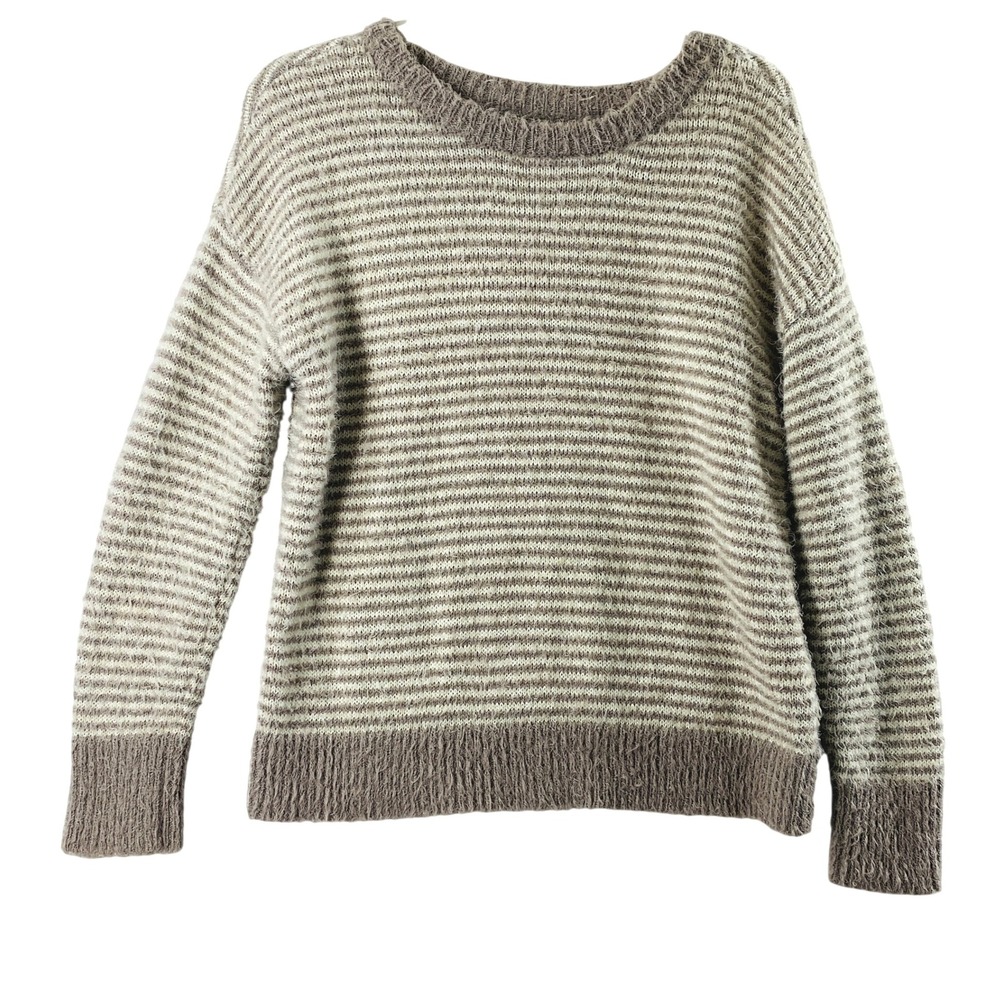 Maurices Striped‎ Fuzzy Sweater Womens Small Gray White Cozy Pullover Winter